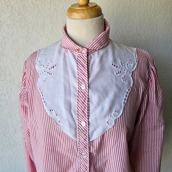 Vintage 80s 90s Oak Hill Red White Striped Eyelet Lace Western Cottage Shirt L - Picture 2 of 8